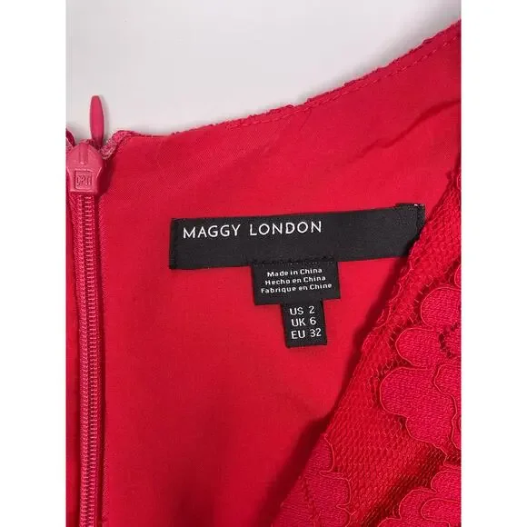 Maggy London Red Lace Sleeveless V-Neck Cocktail Dress Size 2 - Picture 10 of 11